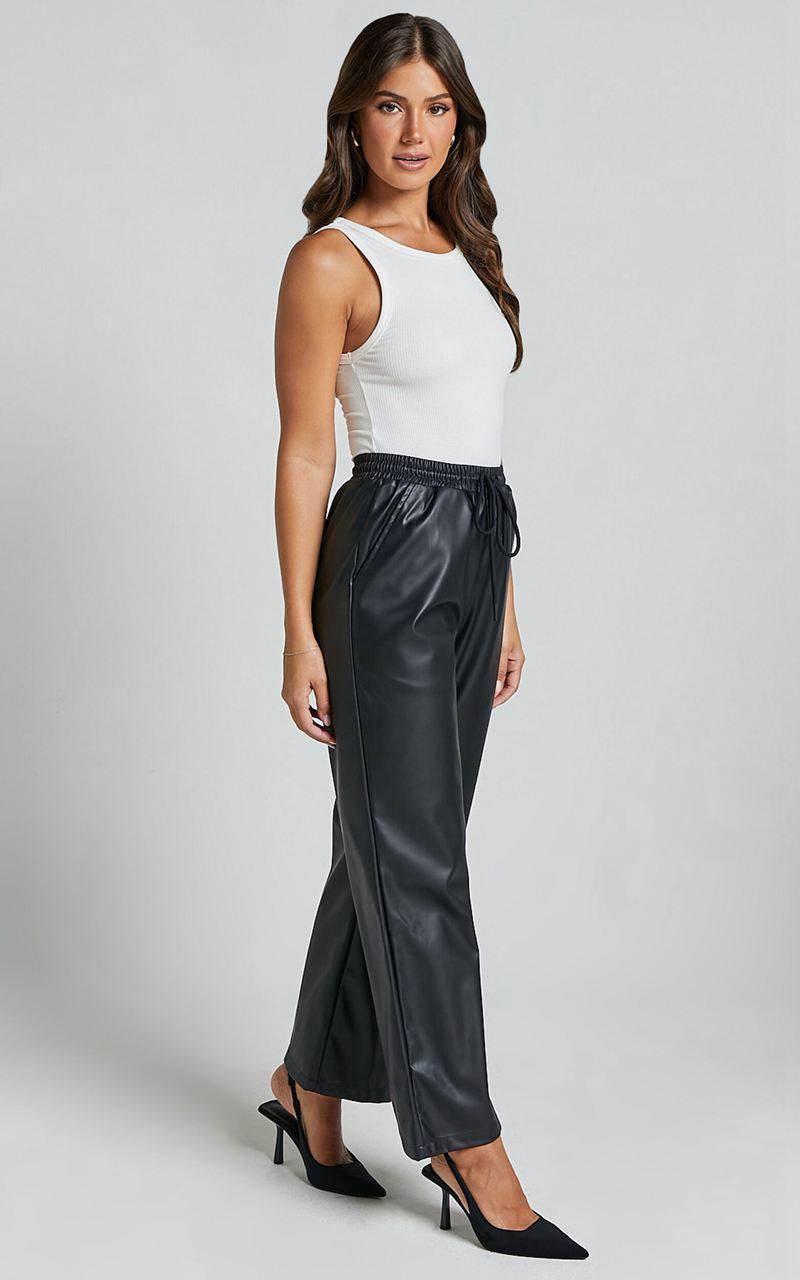 Showpo Leah Pants - High Waist Drawstring Faux Leather Pants Black | QULTVI576