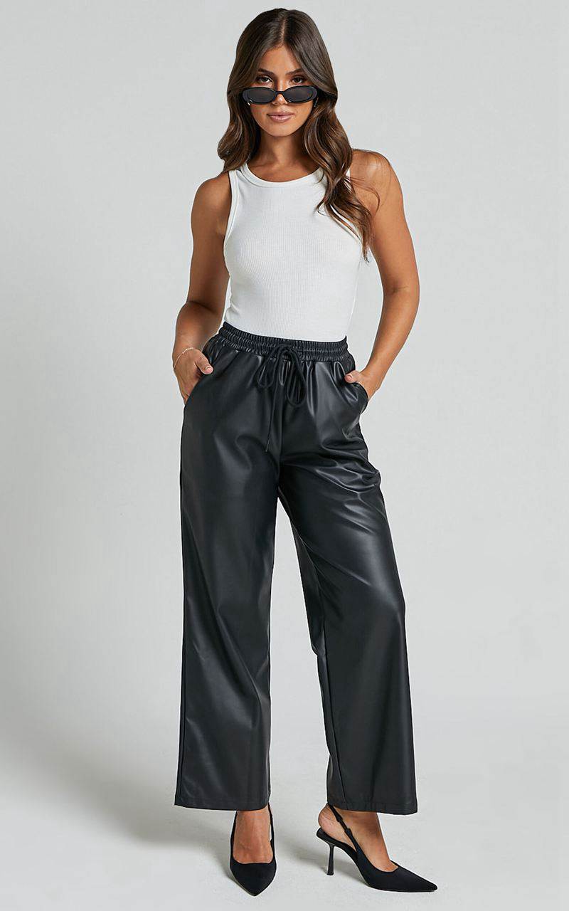 Showpo Leah Pants - High Waist Drawstring Faux Leather Pants Black | QULTVI576