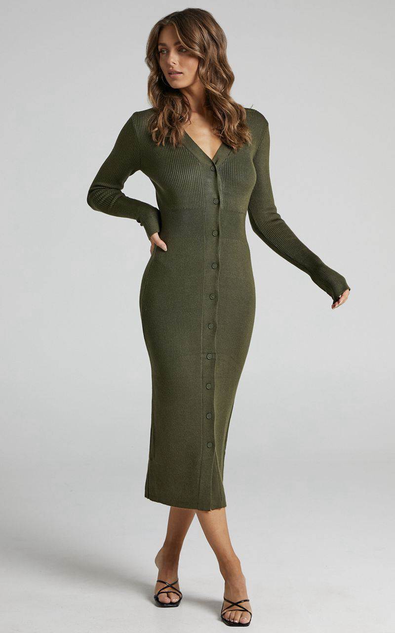 Showpo Leahanna Midi Dress - Button Front Knit Dress Olive | WJNXYD162