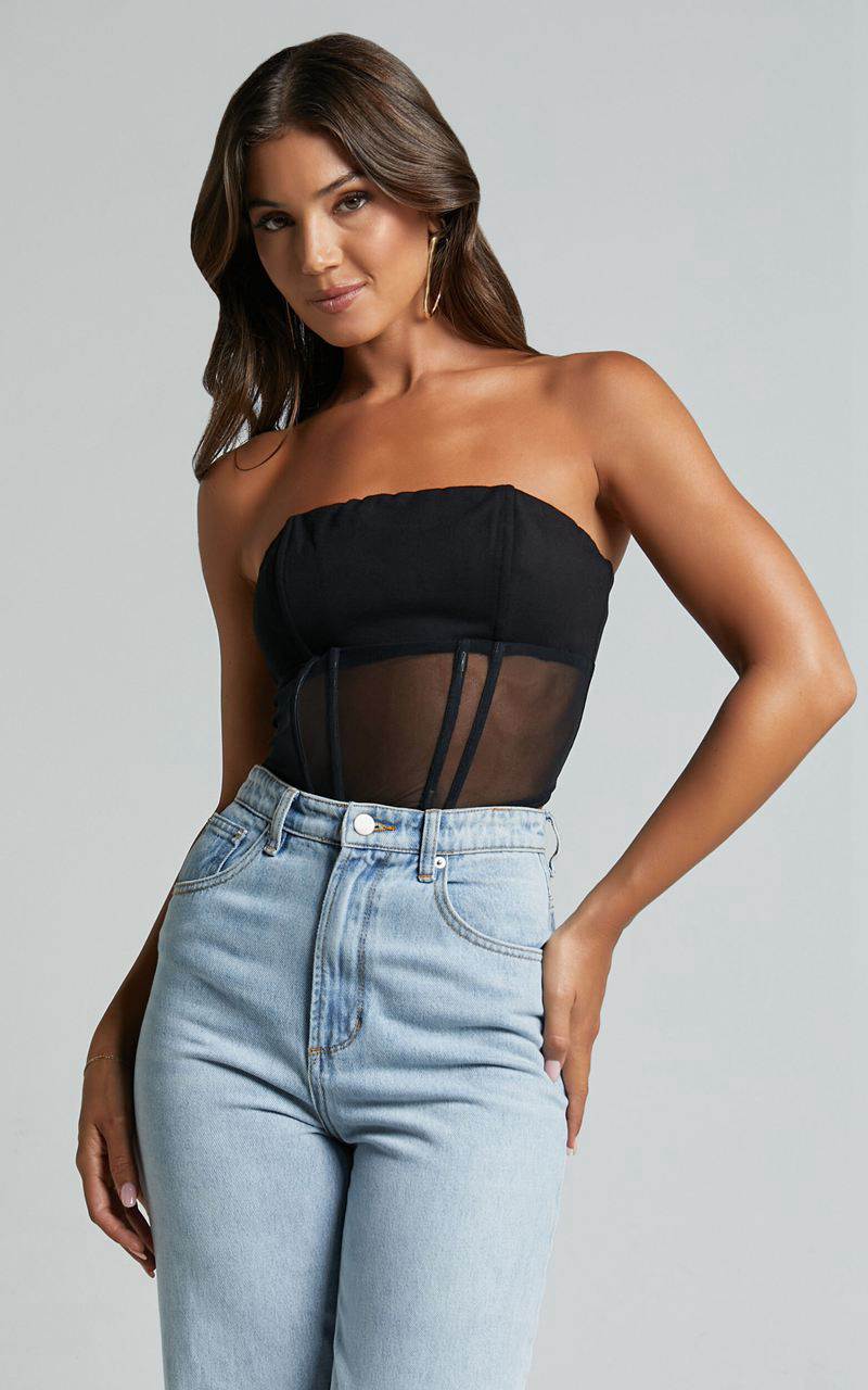 Showpo Leanna Top - Mesh Strapless Corset Crop Top Black | FMGQDW167