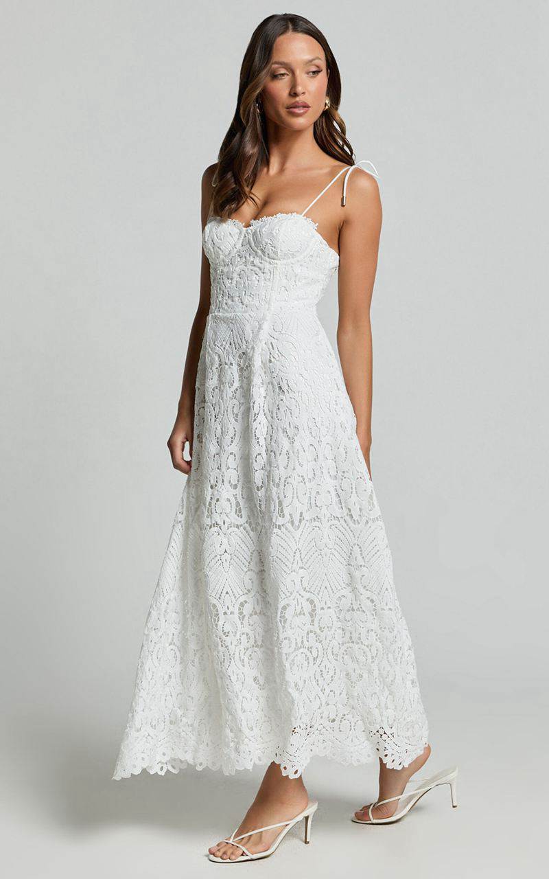 Showpo Leanne Midi Dress - Tie Shoulder Corset Lace Dress White | YQFTNH792