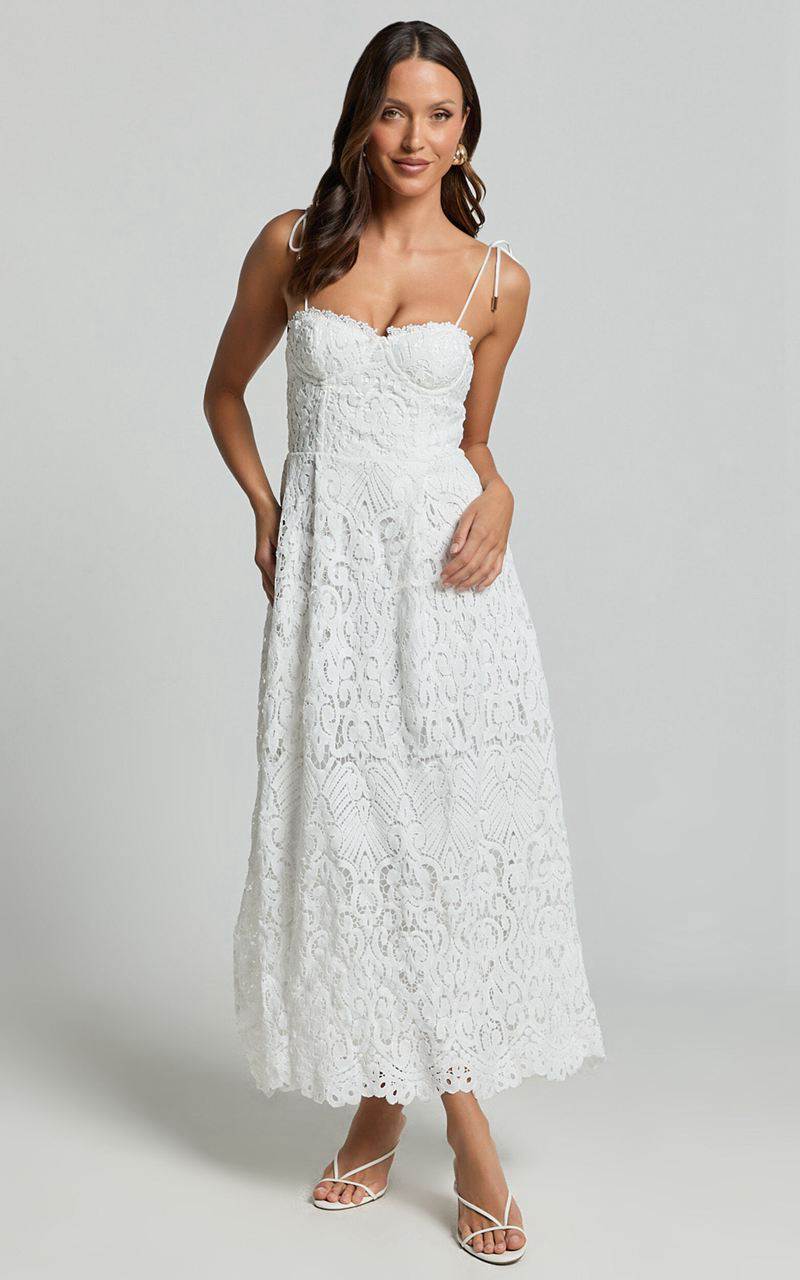 Showpo Leanne Midi Dress - Tie Shoulder Corset Lace Dress White | YQFTNH792