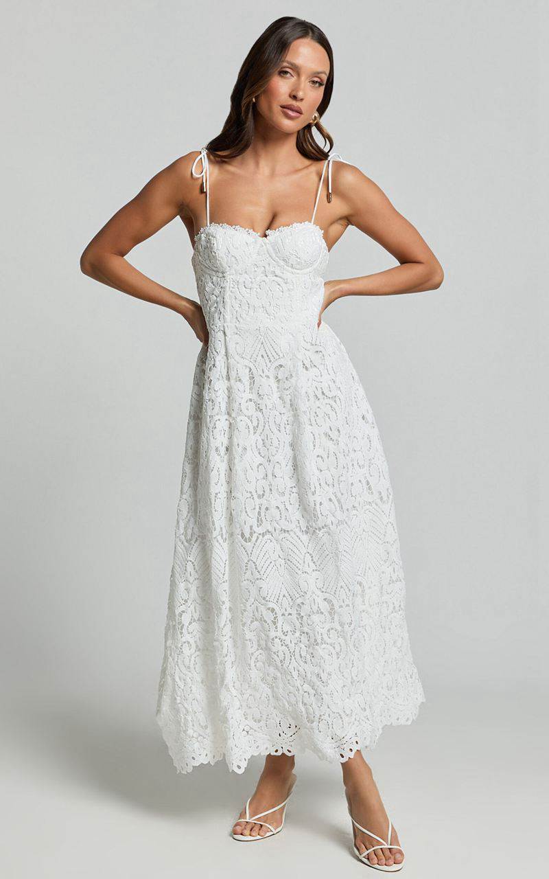 Showpo Leanne Midi Dress - Tie Shoulder Corset Lace Dress White | YQFTNH792