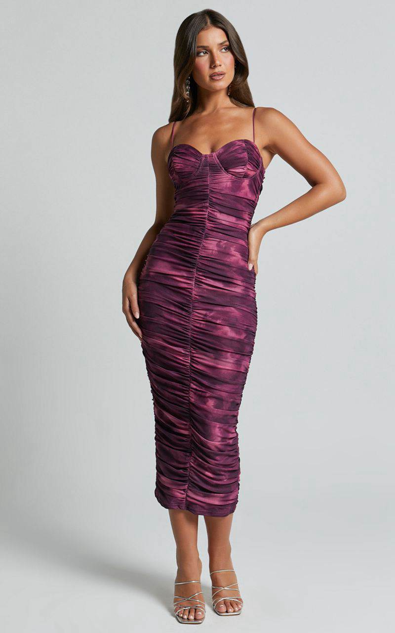 Showpo Leanor Midi Dress - Mesh Ruched Bustier Bodycon Dress Grape Print | VAXQTZ895