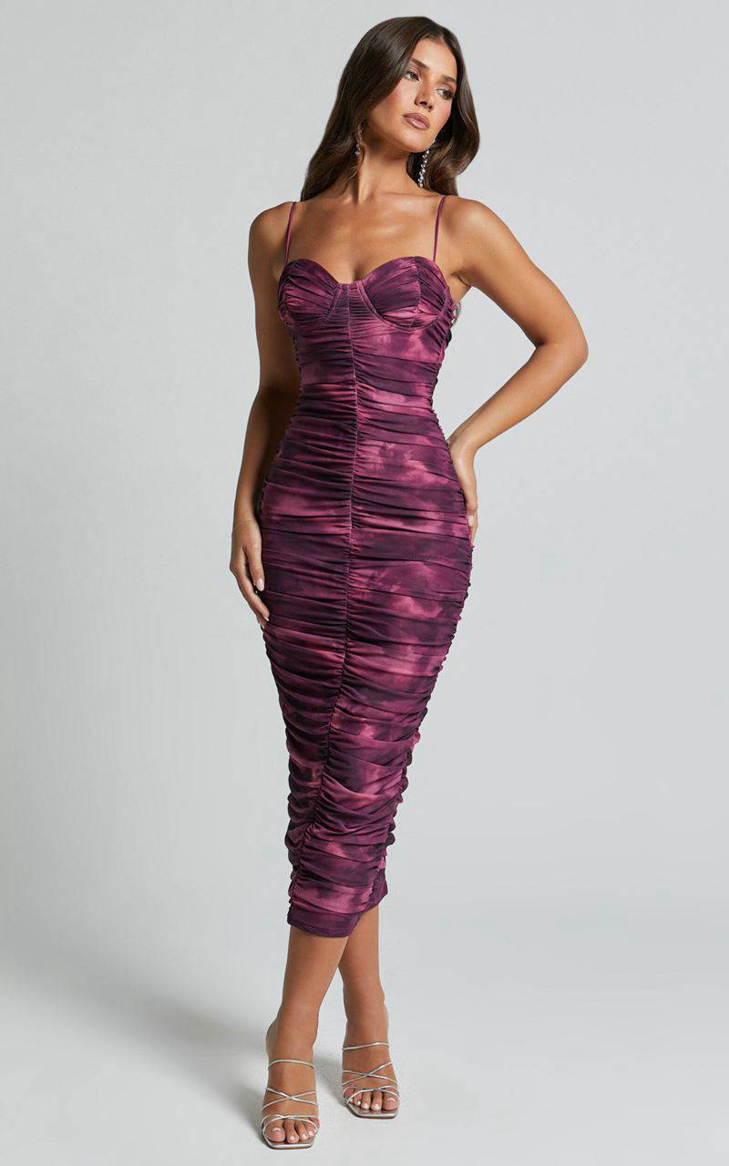 Showpo Leanor Midi Dress - Mesh Ruched Bustier Bodycon Dress Grape Print | VAXQTZ895