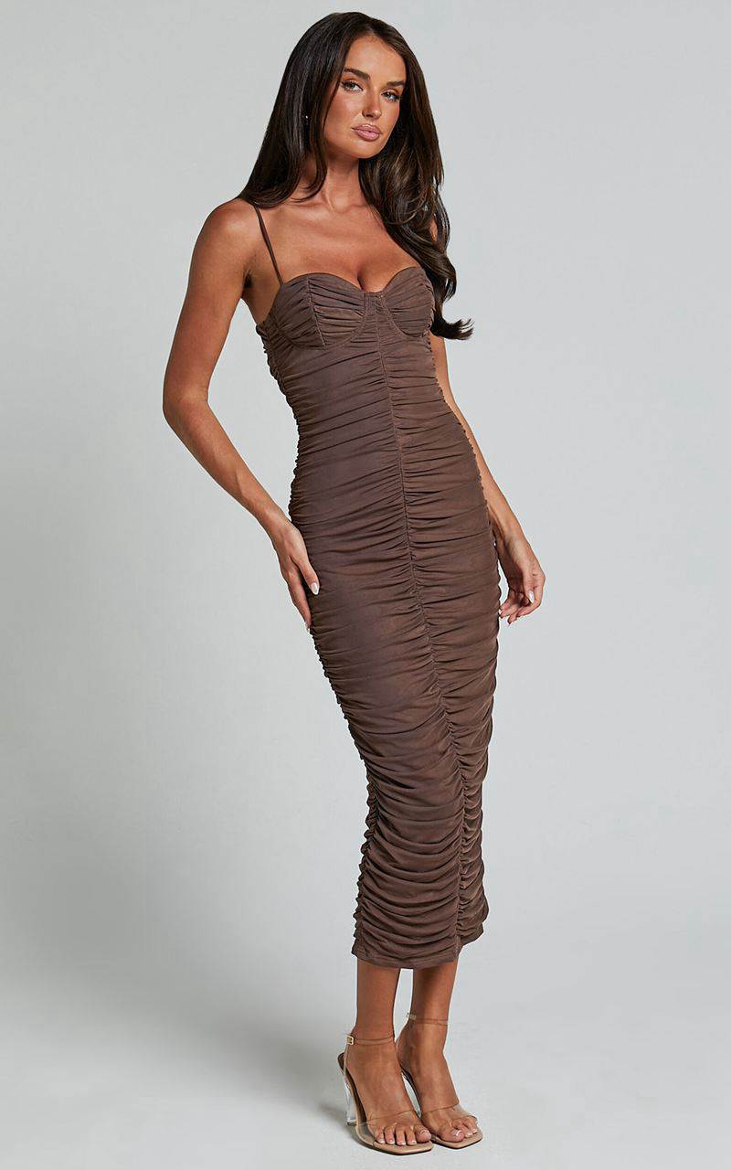 Showpo Leanor Midi Dress - Mesh Ruched Bustier Bodycon Dress Chocolate | MXBKEO894