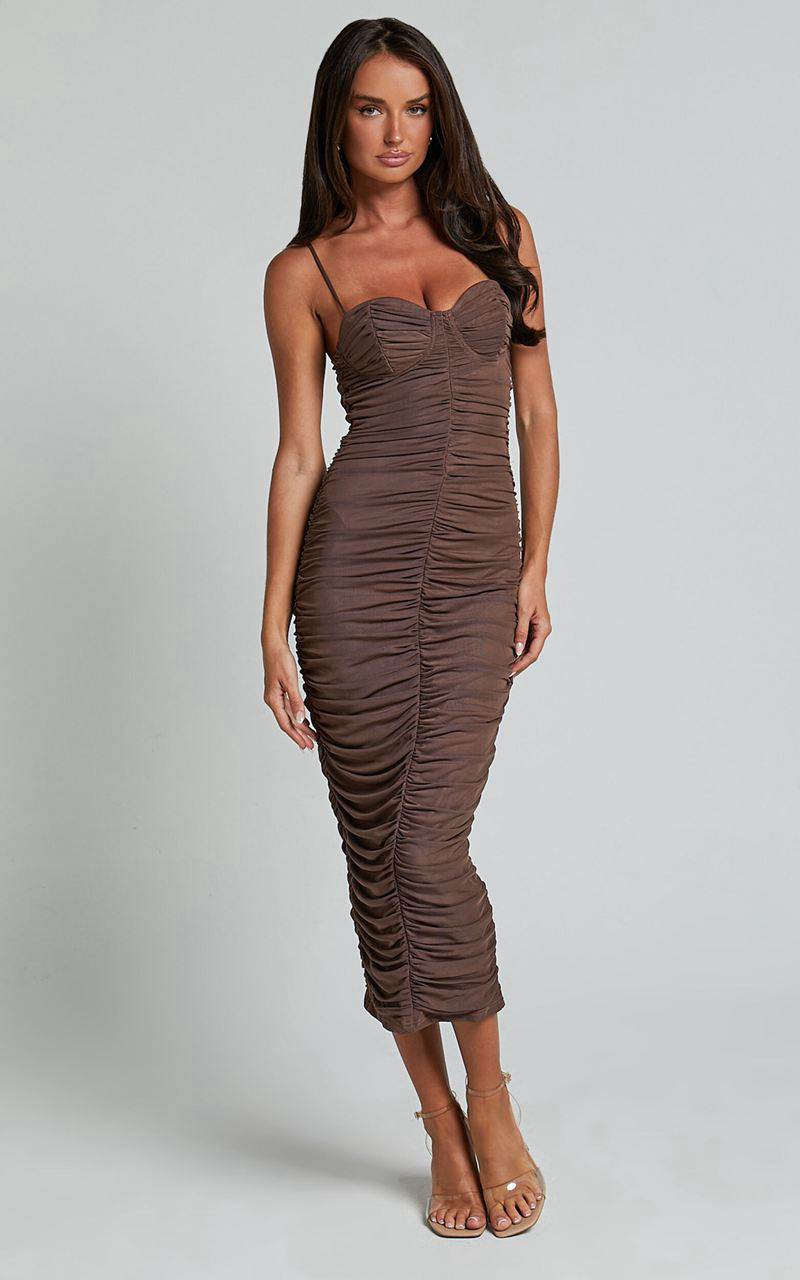 Showpo Leanor Midi Dress - Mesh Ruched Bustier Bodycon Dress Chocolate | MXBKEO894