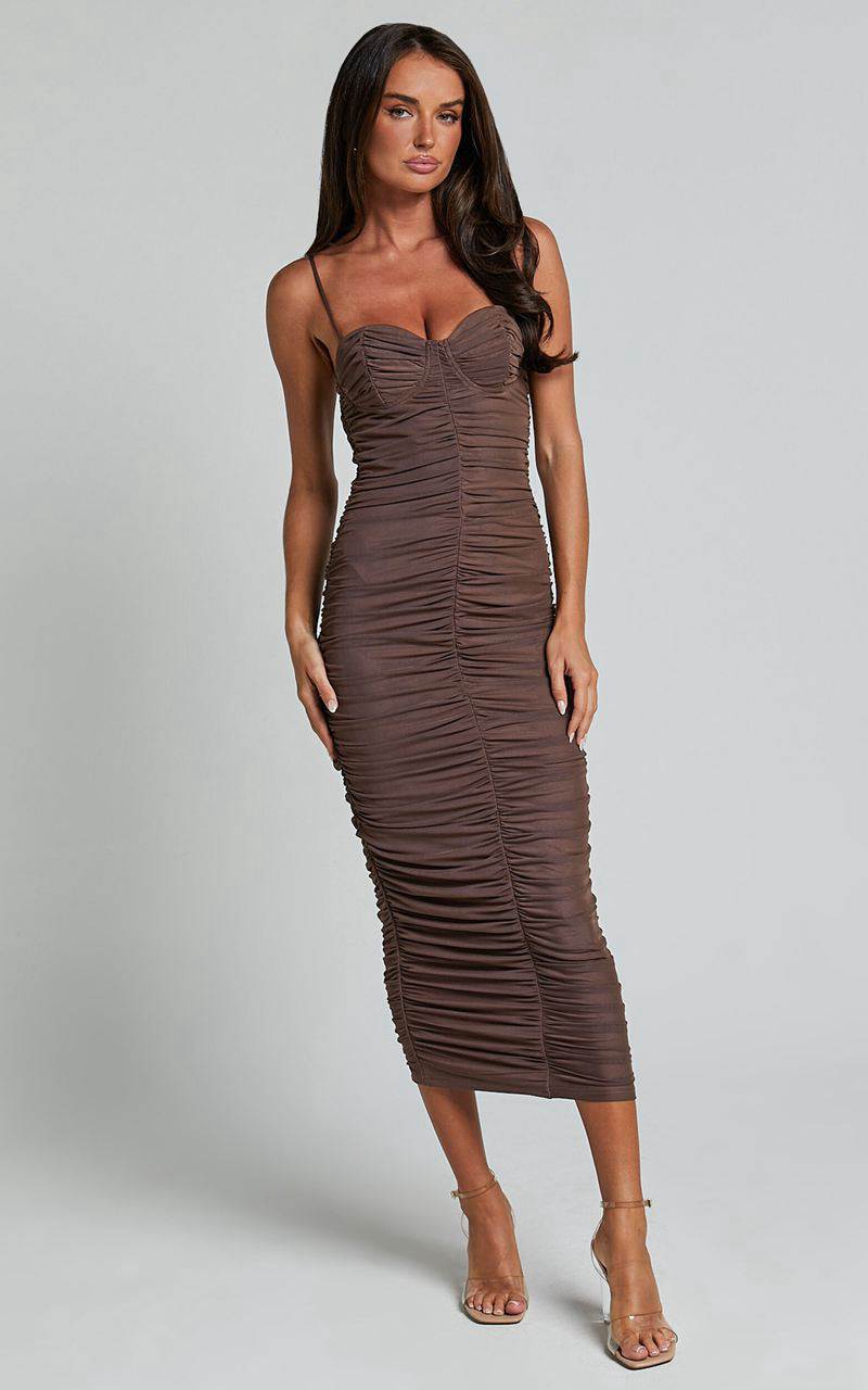 Showpo Leanor Midi Dress - Mesh Ruched Bustier Bodycon Dress Chocolate | MXBKEO894