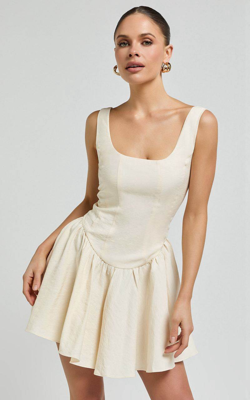 Showpo Leanora Mini Dress - Scoop Neck Corset Dress Ivory | GQMTHY931