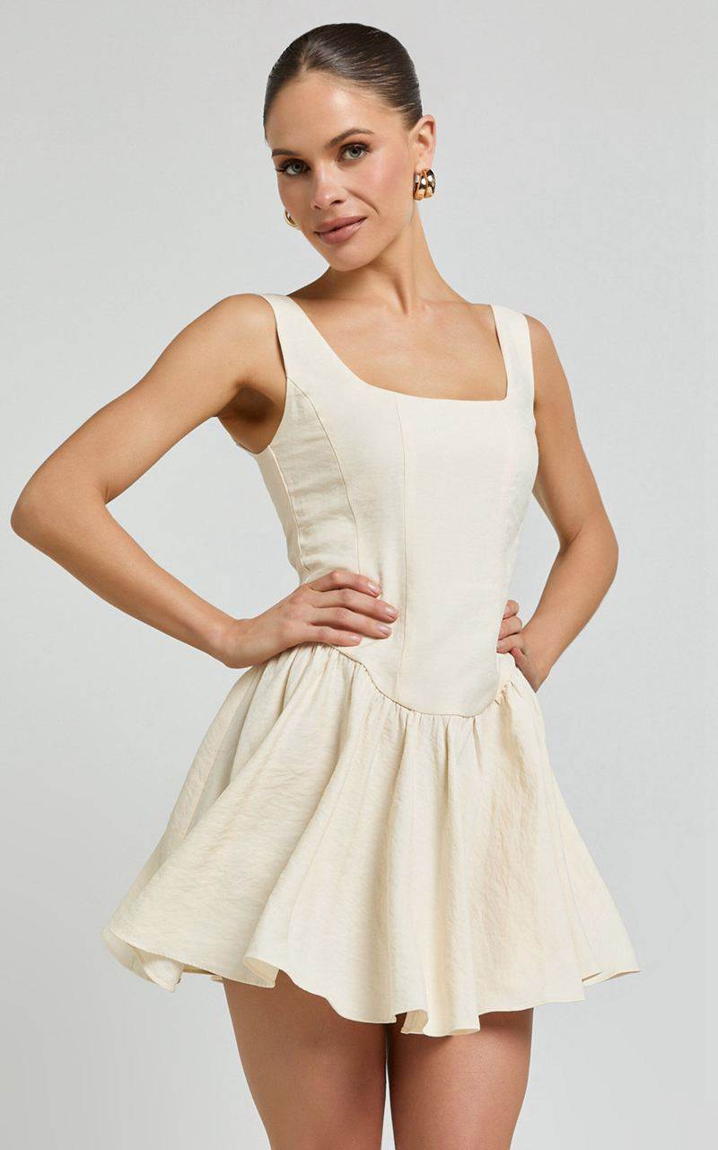 Showpo Leanora Mini Dress - Scoop Neck Corset Dress Ivory | GQMTHY931