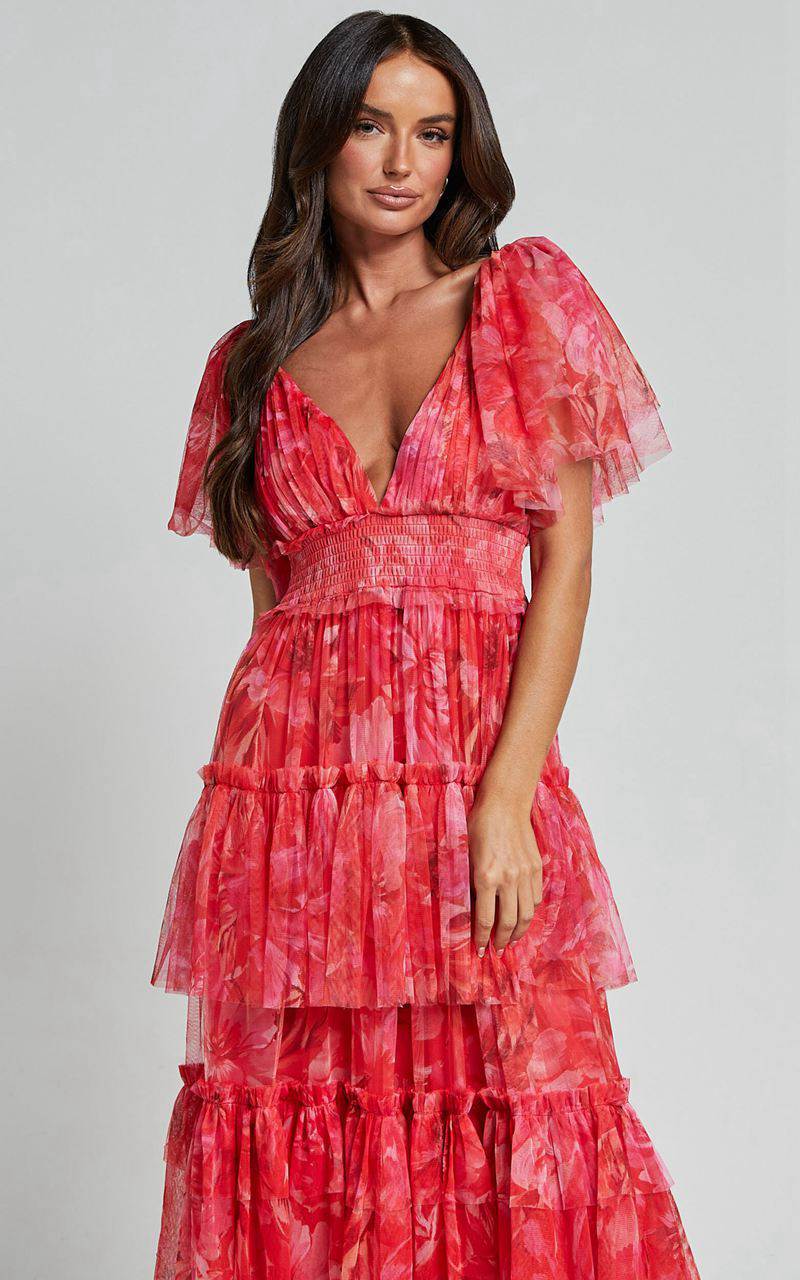 Showpo Leianna Midi Dress - Tulle Flutter Sleeve Tiered Ruffle Dress Sunset Floral | SLCXKZ764