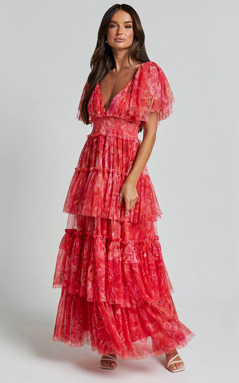 Showpo Leianna Midi Dress - Tulle Flutter Sleeve Tiered Ruffle Dress Sunset Floral | SLCXKZ764