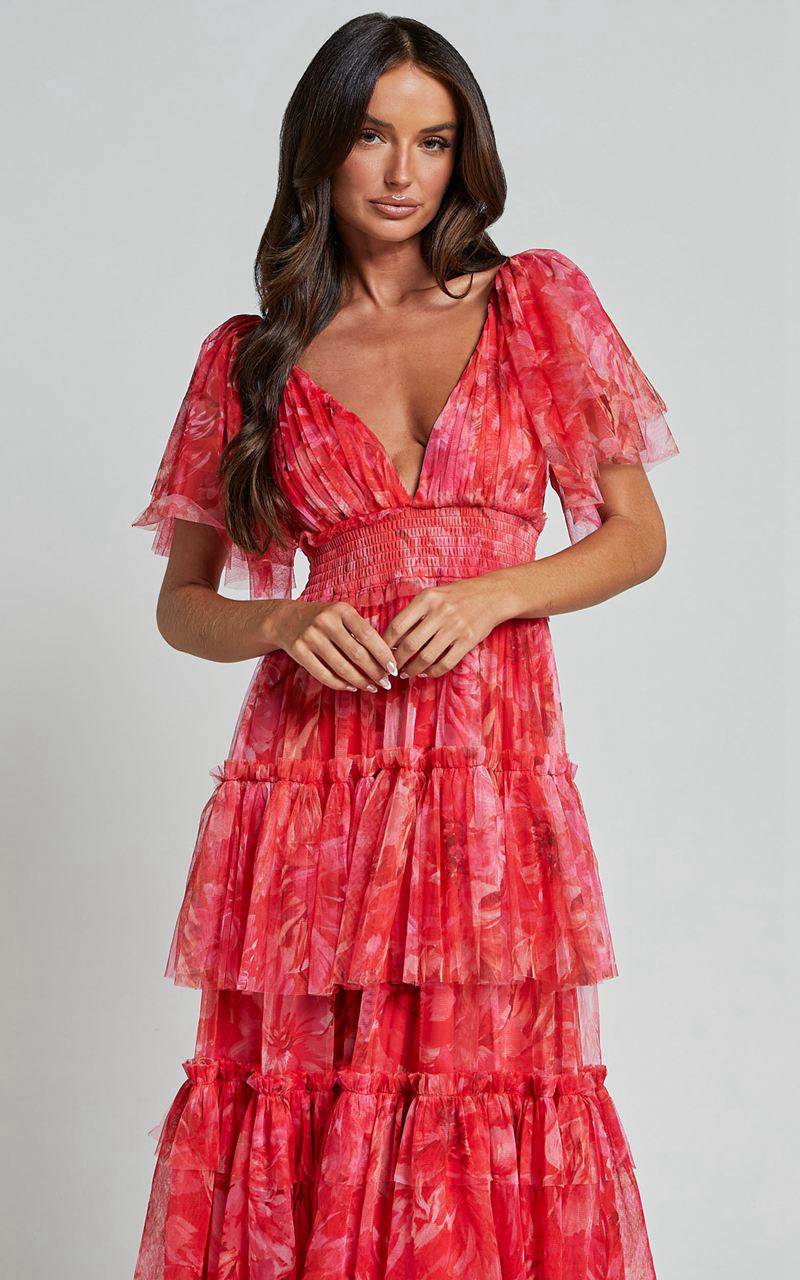 Showpo Leianna Midi Dress - Tulle Flutter Sleeve Tiered Ruffle Dress Sunset Floral | SLCXKZ764