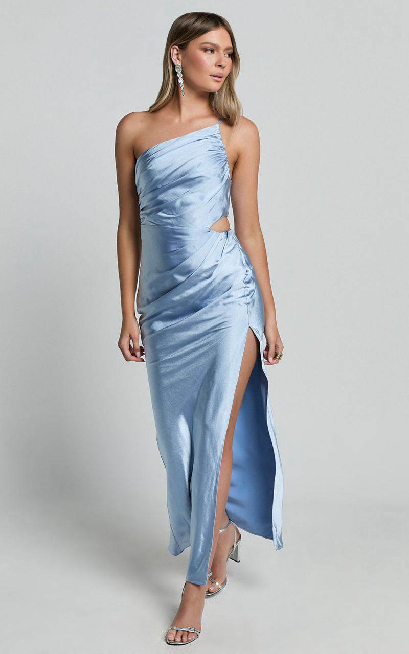 Showpo Leighton Maxi Dress - One Shoulder Ruched Thigh Split Slip Dress Blue | JTQAVO942