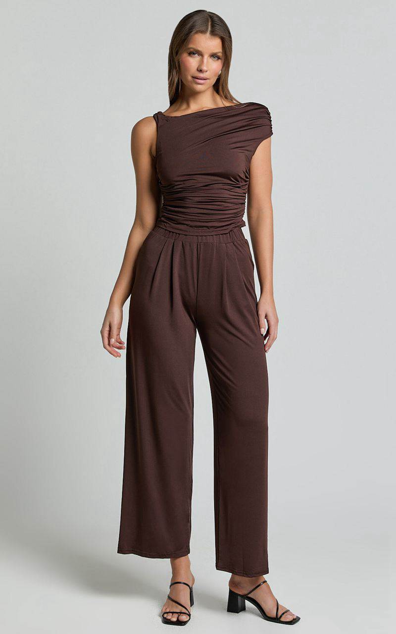 Showpo Leila Two Piece Set - Off Shoulder Top And High Waist Wide Leg Pants Set Chocolate | JWIAQE981