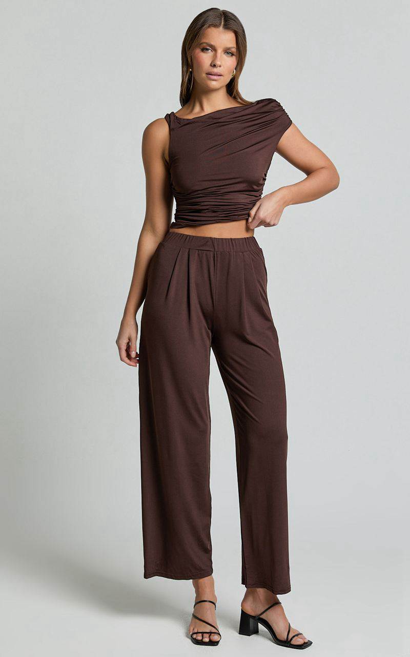 Showpo Leila Two Piece Set - Off Shoulder Top And High Waist Wide Leg Pants Set Chocolate | JWIAQE981