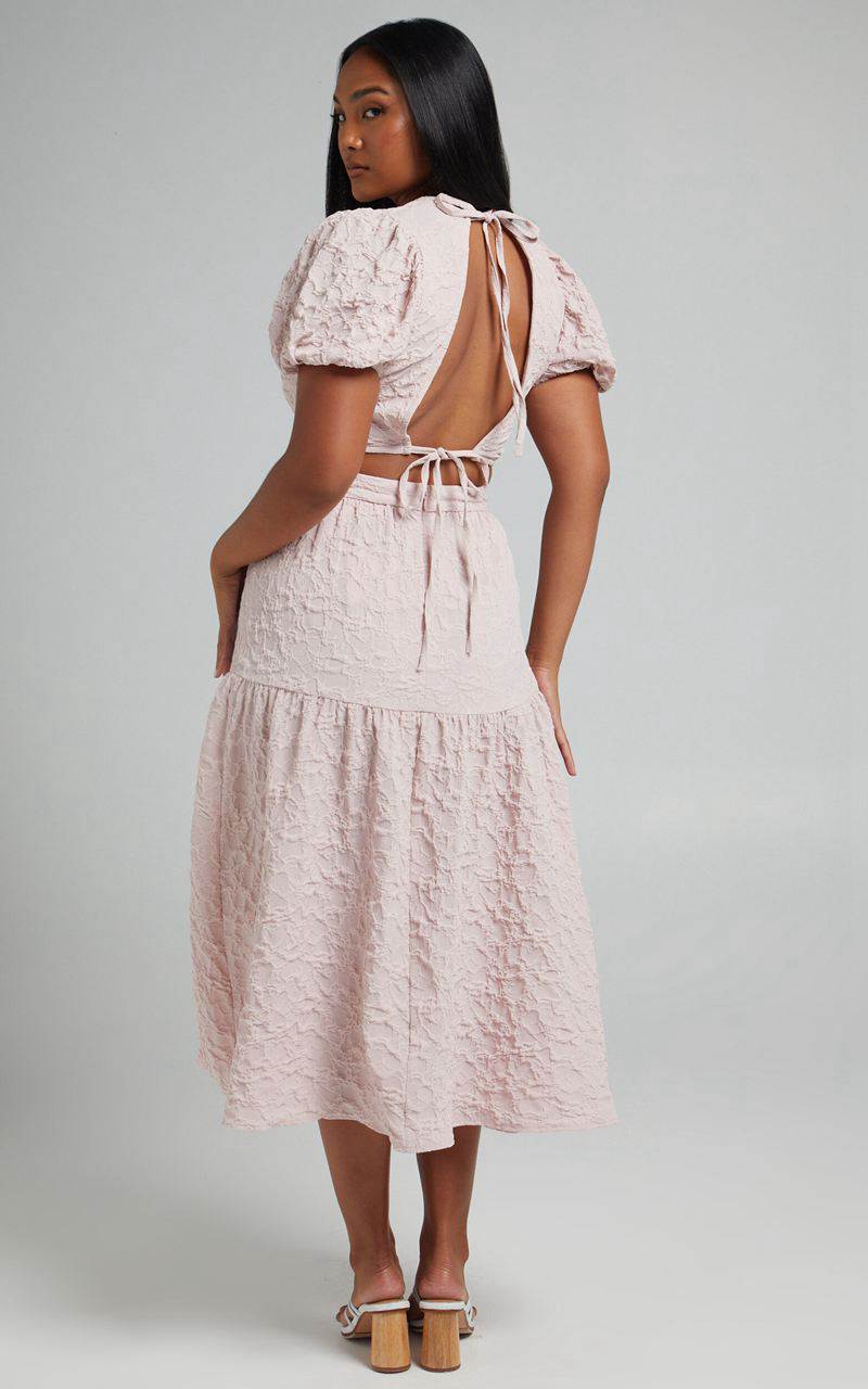 Showpo Leila Two Piece Set - Puff Sleeve Top And Midi Skirt Set Pink | TRYCEI305