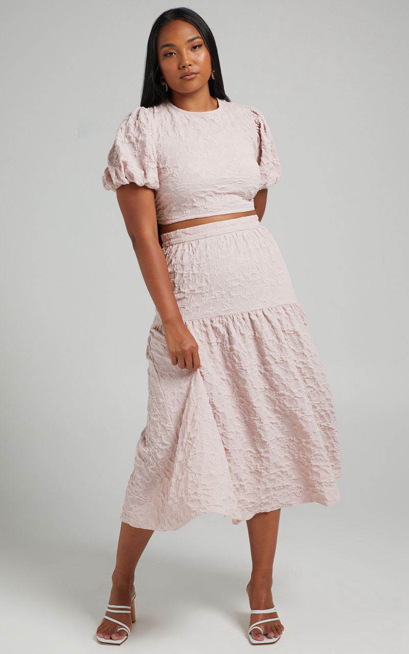 Showpo Leila Two Piece Set - Puff Sleeve Top And Midi Skirt Set Pink | TRYCEI305