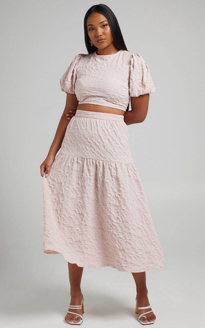 Showpo Leila Two Piece Set - Puff Sleeve Top And Midi Skirt Set Pink | TRYCEI305