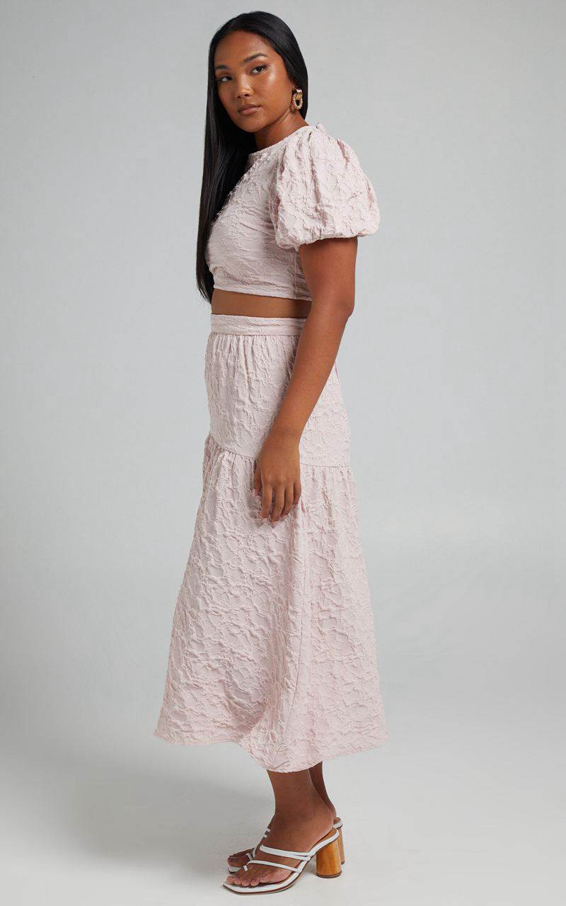 Showpo Leila Two Piece Set - Puff Sleeve Top And Midi Skirt Set Pink | TRYCEI305