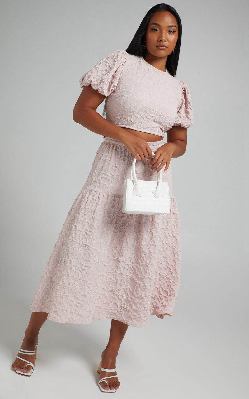 Showpo Leila Two Piece Set - Puff Sleeve Top And Midi Skirt Set Pink | TRYCEI305