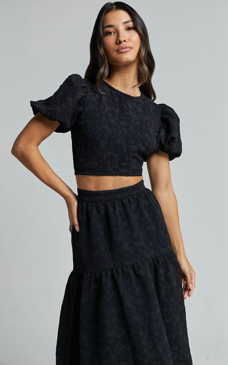 Showpo Leila Two Piece Set - Puff Sleeve Top And Midi Skirt Set Black | GEBLSO925