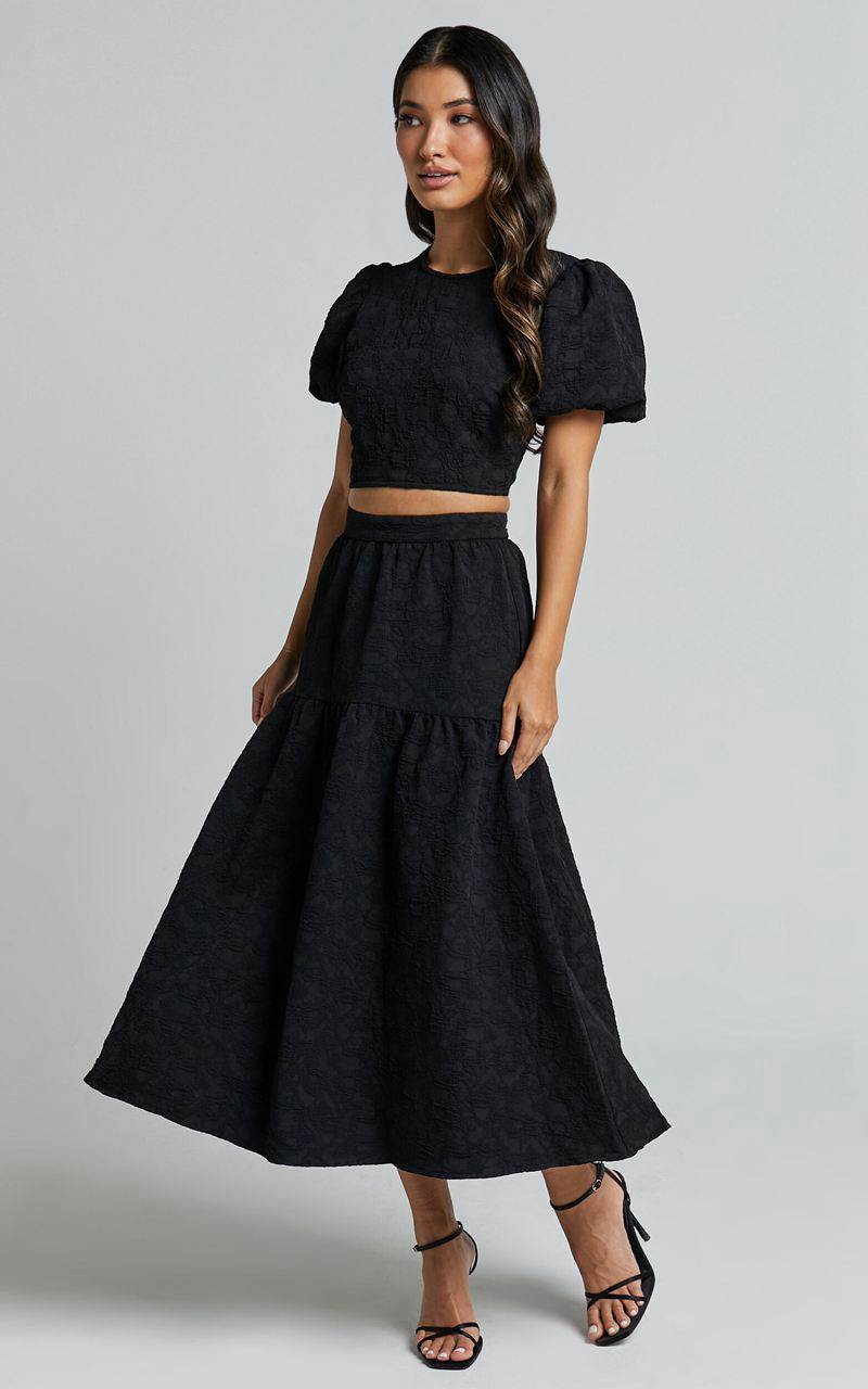 Showpo Leila Two Piece Set - Puff Sleeve Top And Midi Skirt Set Black | GEBLSO925