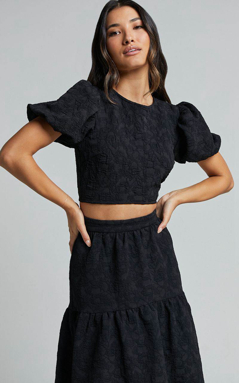 Showpo Leila Two Piece Set - Puff Sleeve Top And Midi Skirt Set Black | GEBLSO925