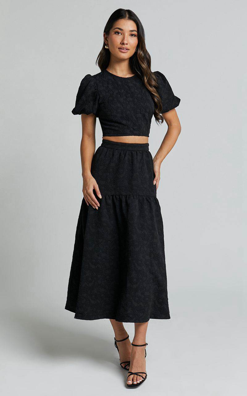 Showpo Leila Two Piece Set - Puff Sleeve Top And Midi Skirt Set Black | GEBLSO925