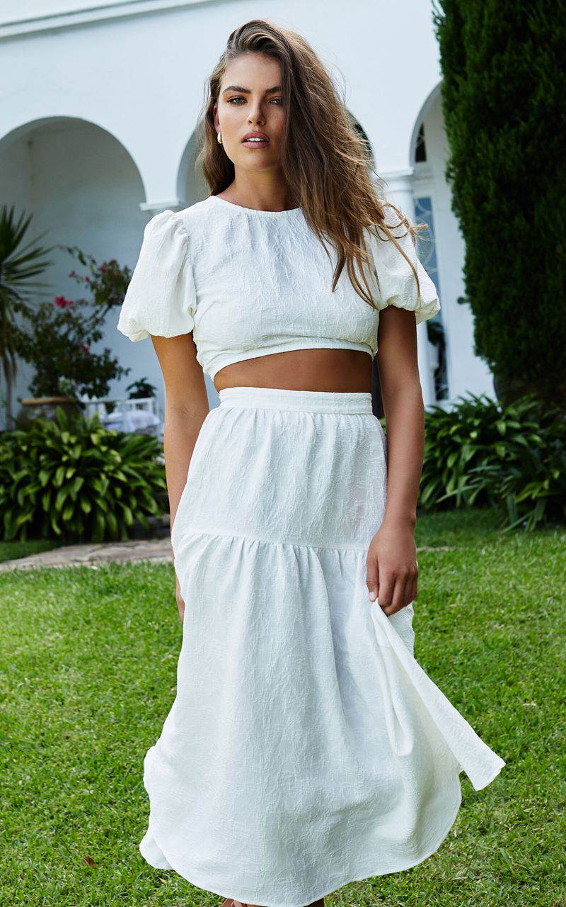 Showpo Leila Two Piece Set - Puff Sleeve Top And Midi Skirt Set White | JRVAYL376