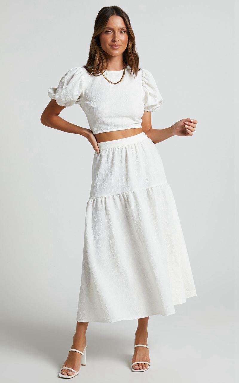 Showpo Leila Two Piece Set - Puff Sleeve Top And Midi Skirt Set White | JRVAYL376