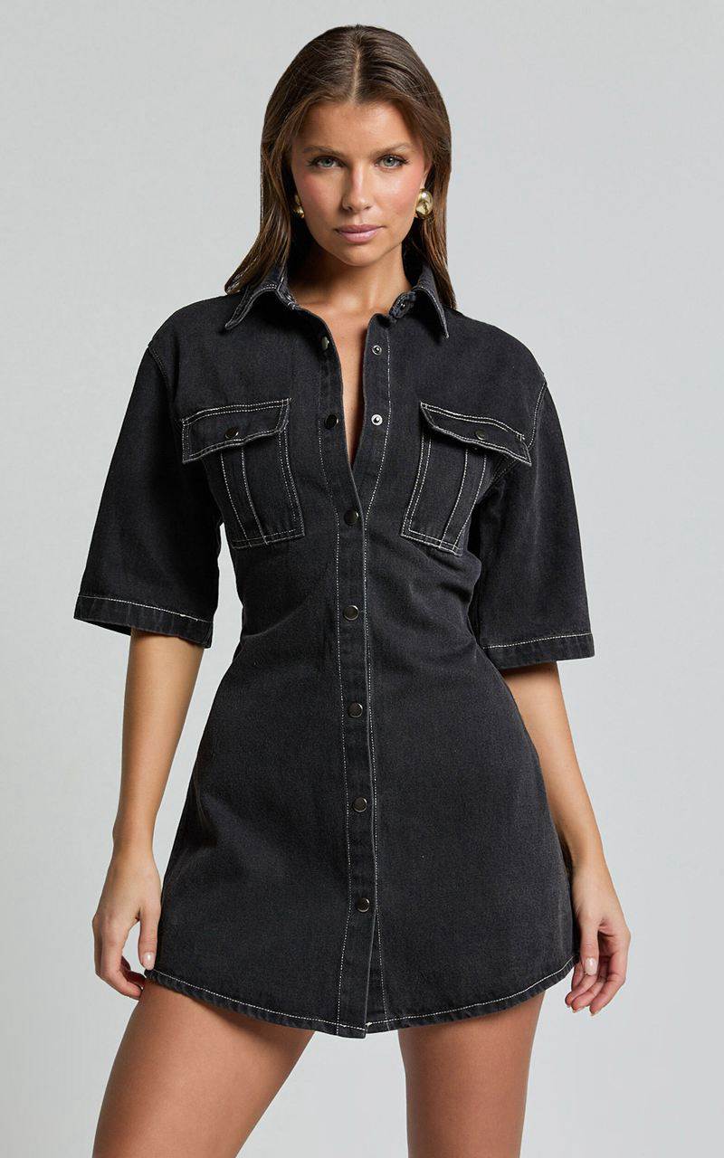 Showpo Leilani Mini Dress - Denim Short Sleeve Button Up Dress Washed Black | MFCAOR356