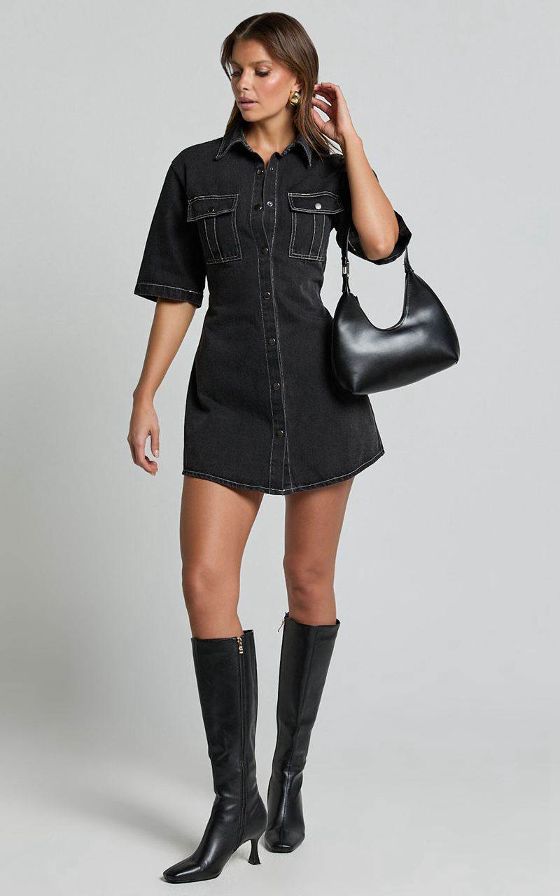 Showpo Leilani Mini Dress - Denim Short Sleeve Button Up Dress Washed Black | MFCAOR356