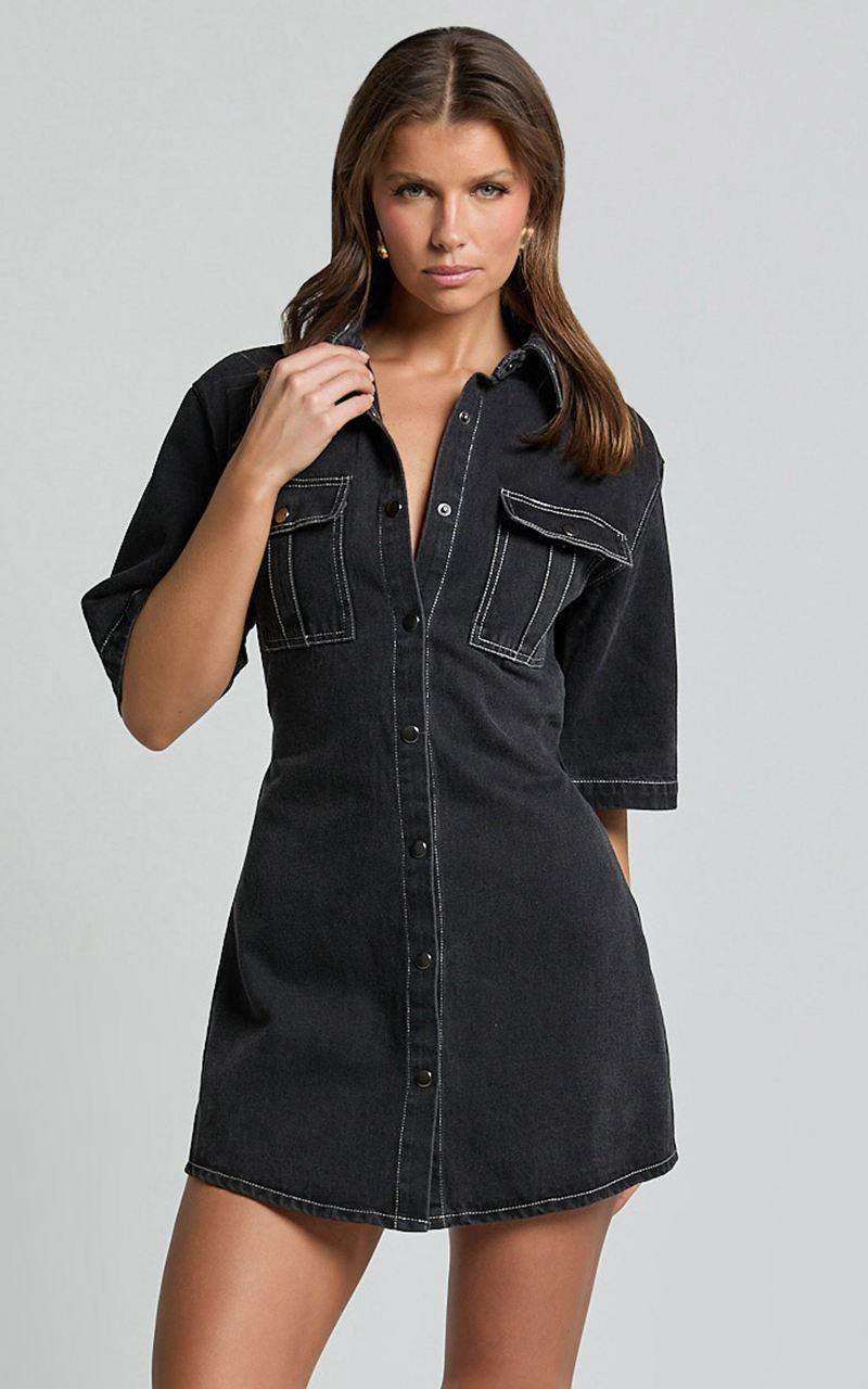 Showpo Leilani Mini Dress - Denim Short Sleeve Button Up Dress Washed Black | MFCAOR356