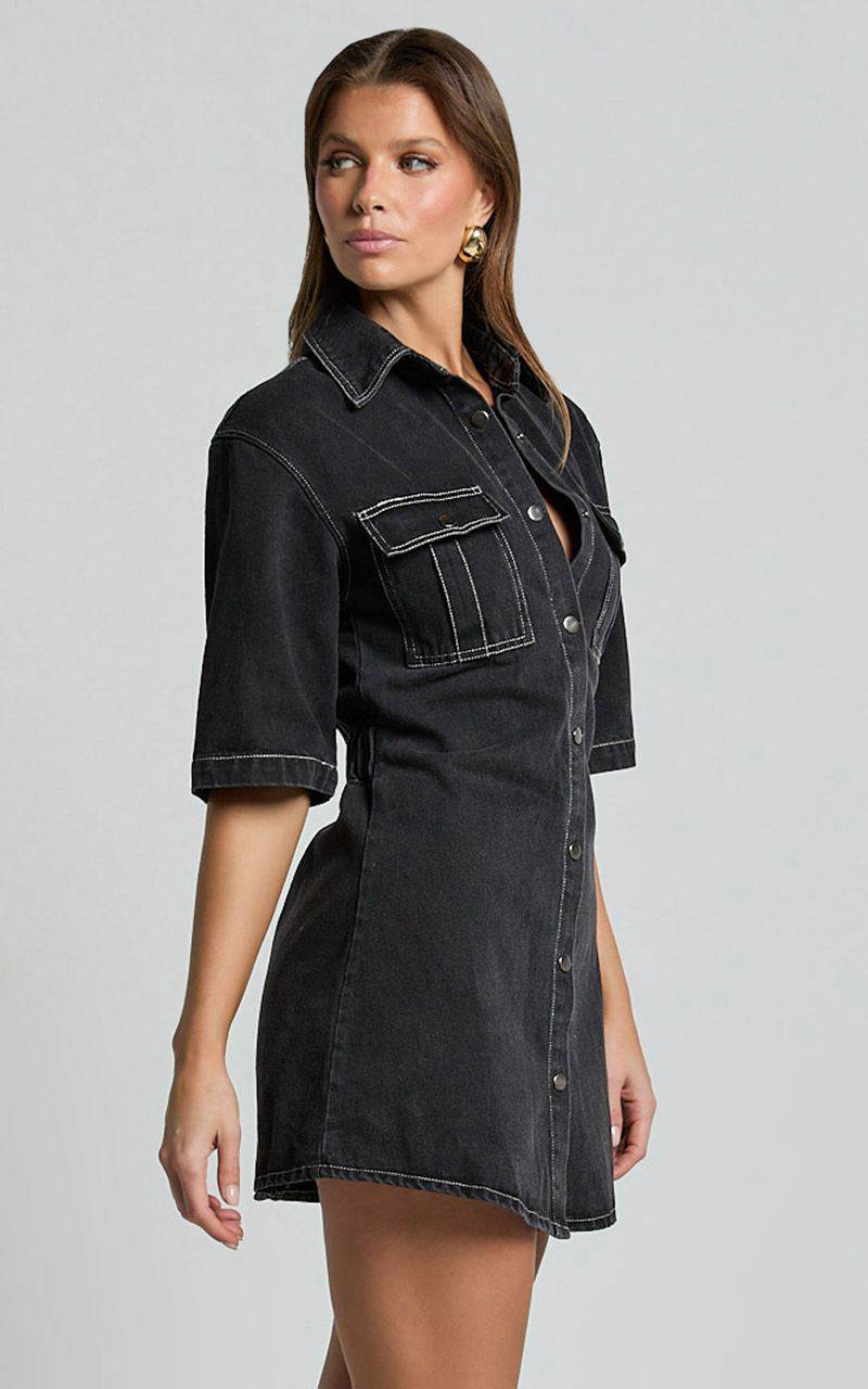 Showpo Leilani Mini Dress - Denim Short Sleeve Button Up Dress Washed Black | MFCAOR356