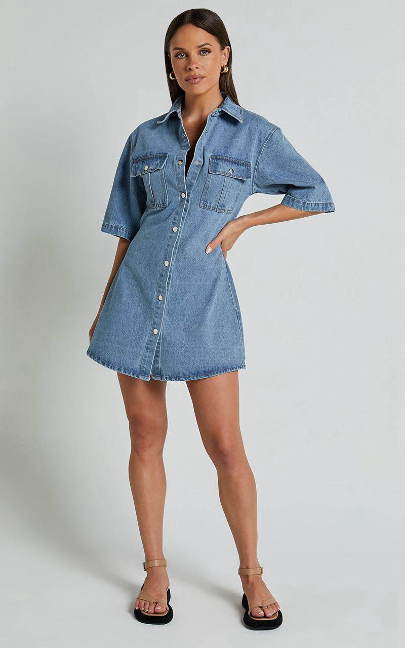 Showpo Leilani Mini Dress - Denim Short Sleeve Button Up Dress Mid Blue | TFUNDA054