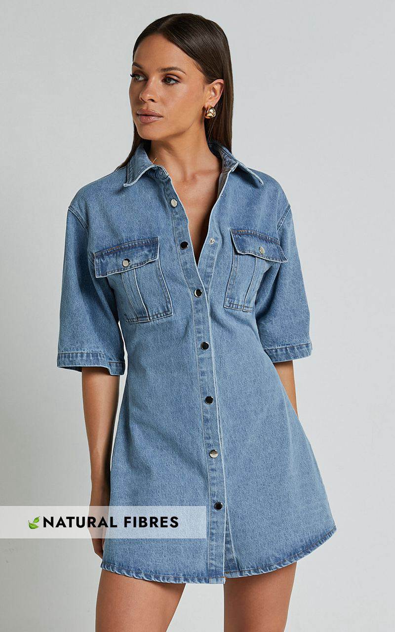 Showpo Leilani Mini Dress - Denim Short Sleeve Button Up Dress Mid Blue | TFUNDA054