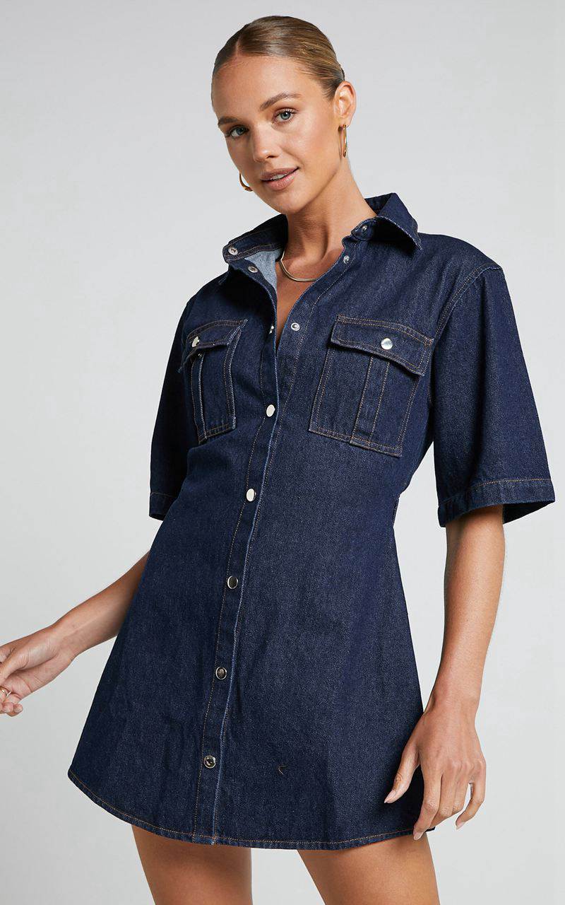 Showpo Leilani Mini Dress - Denim Short Sleeve Button Up Dress Indigo Denim | IYGNCT738