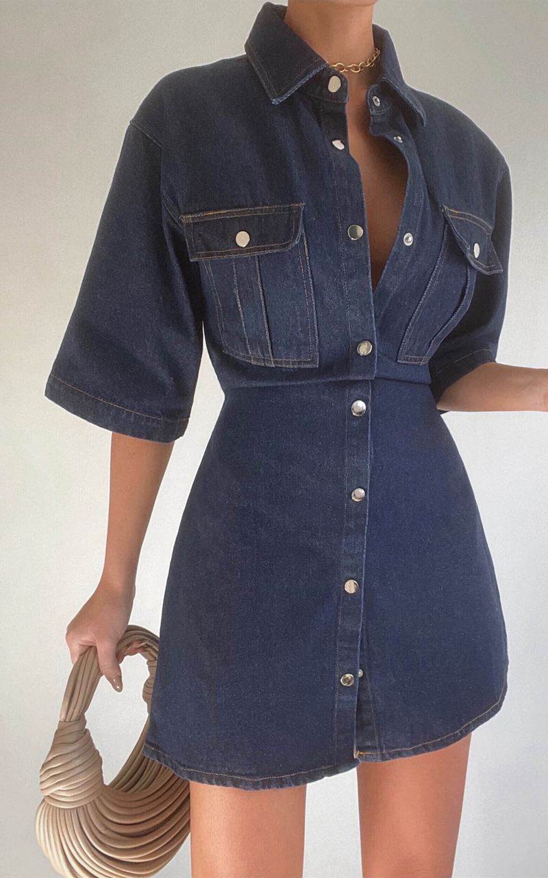 Showpo Leilani Mini Dress - Denim Short Sleeve Button Up Dress Indigo Denim | IYGNCT738