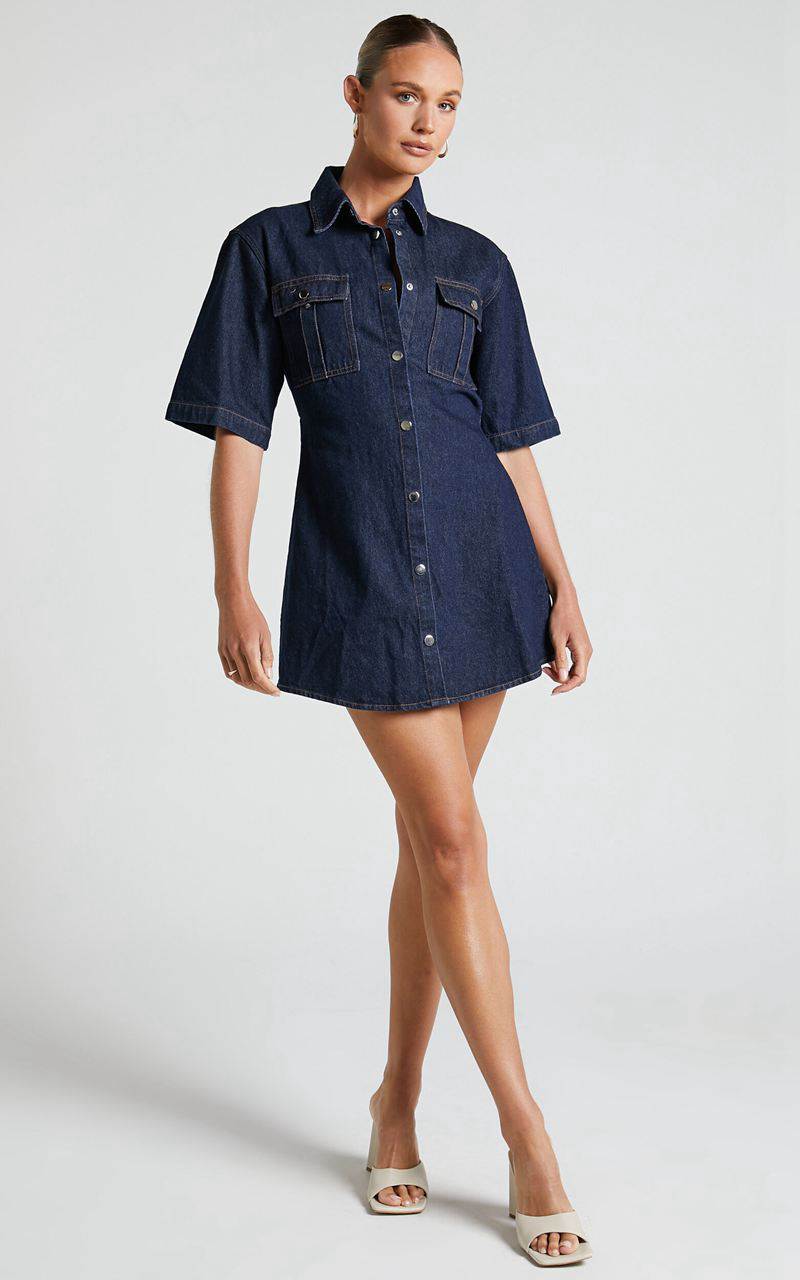 Showpo Leilani Mini Dress - Denim Short Sleeve Button Up Dress Indigo Denim | IYGNCT738