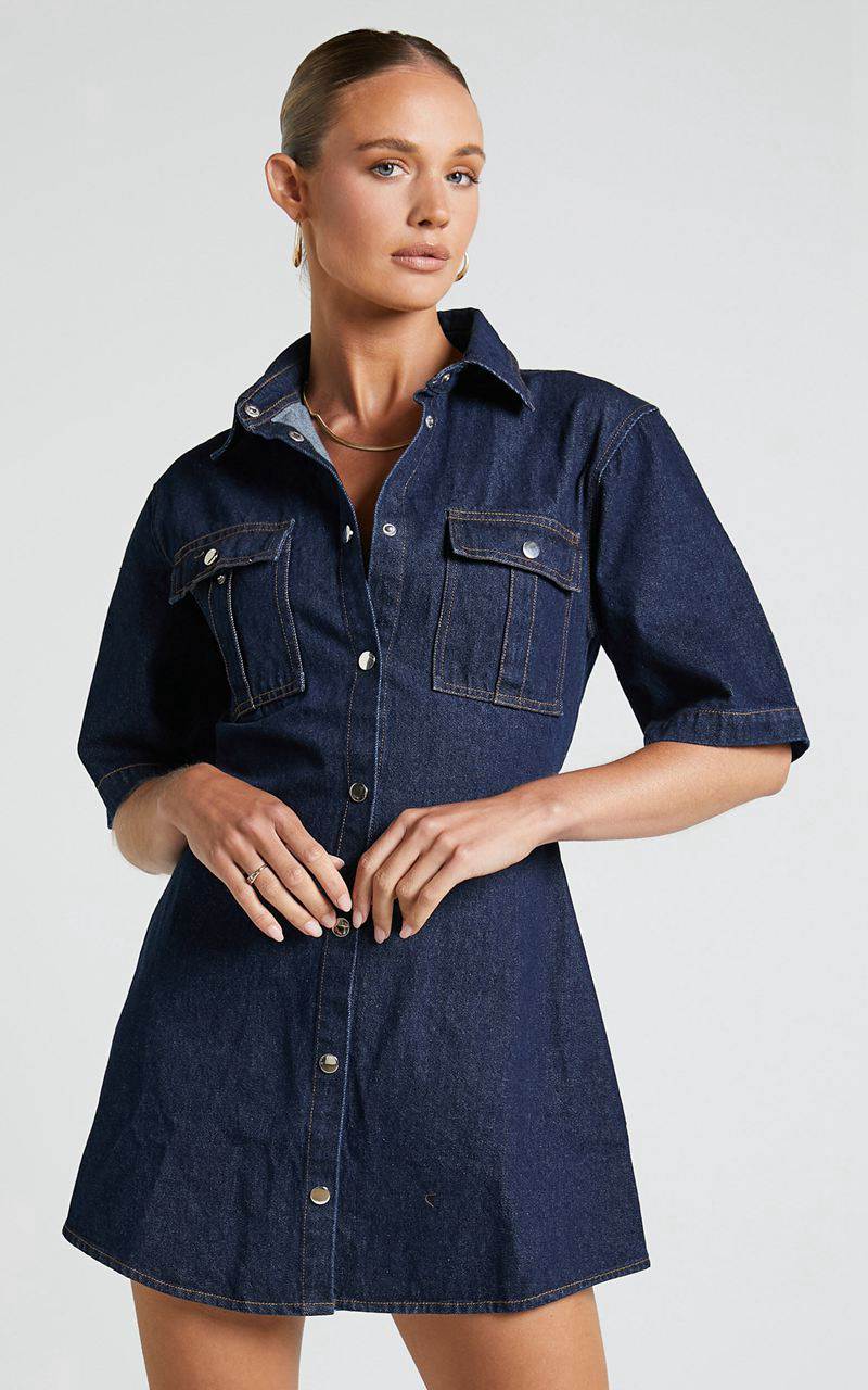 Showpo Leilani Mini Dress - Denim Short Sleeve Button Up Dress Indigo Denim | IYGNCT738