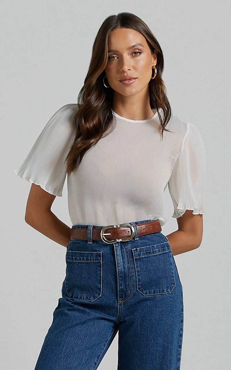 Showpo Lennon Top - Scoop Neck Short Sleeve Pleated Top White | OFVDLW309