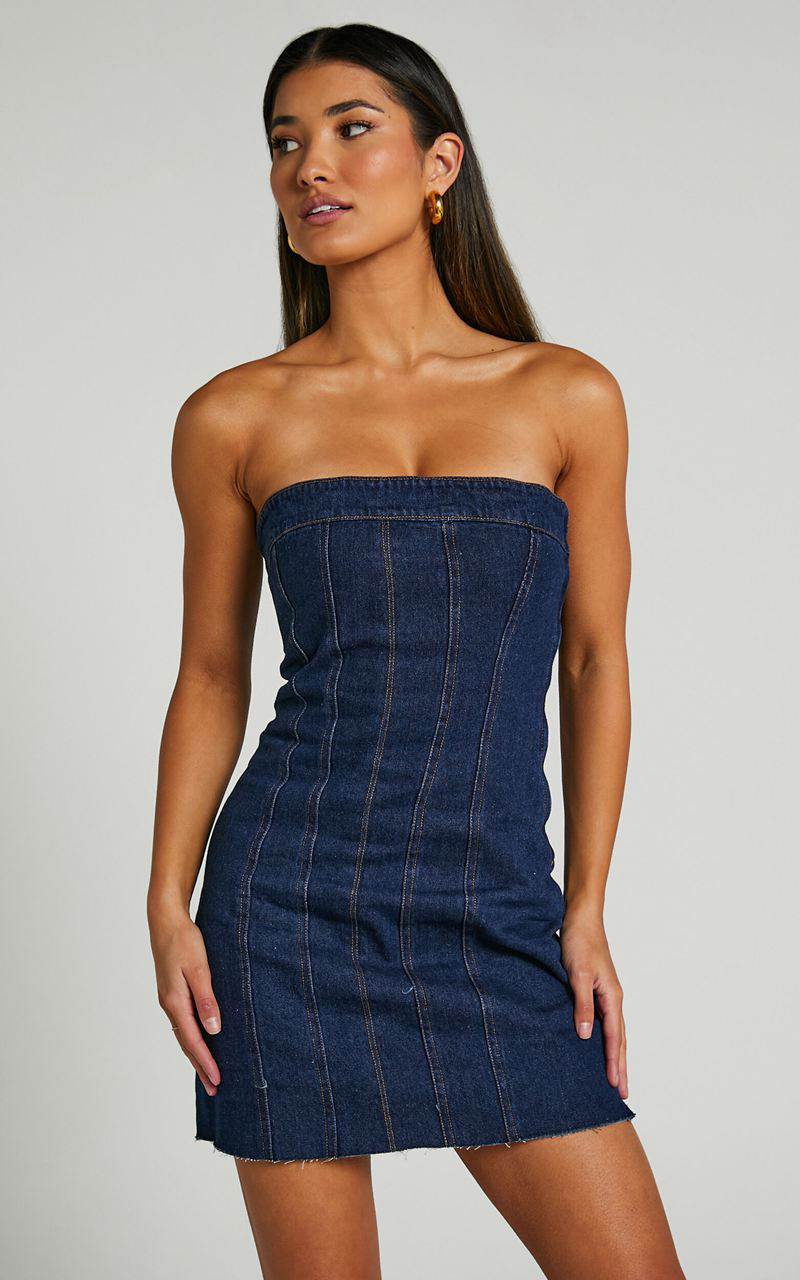 Showpo Lennox Mini Dress - Strapless Pannelled Dress Indigo Blue | KIAOJY283