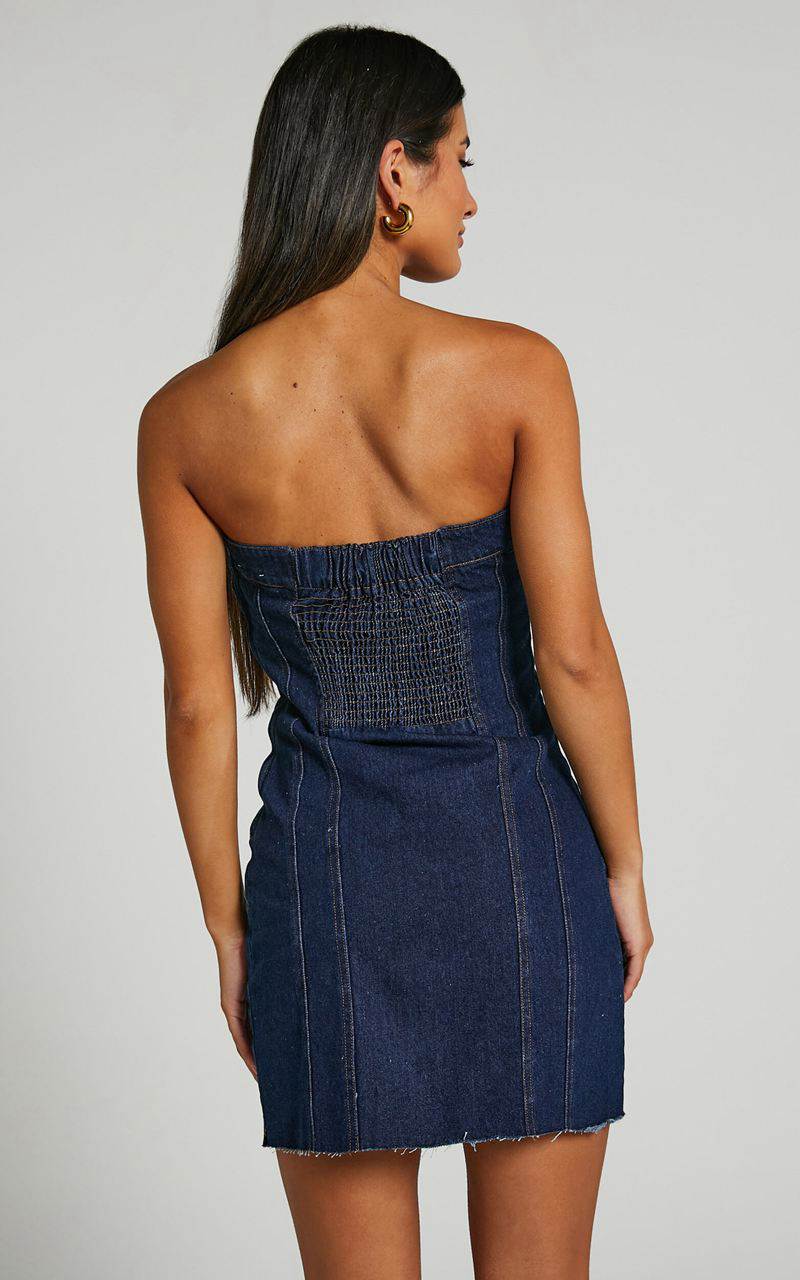 Showpo Lennox Mini Dress - Strapless Pannelled Dress Indigo Blue | KIAOJY283