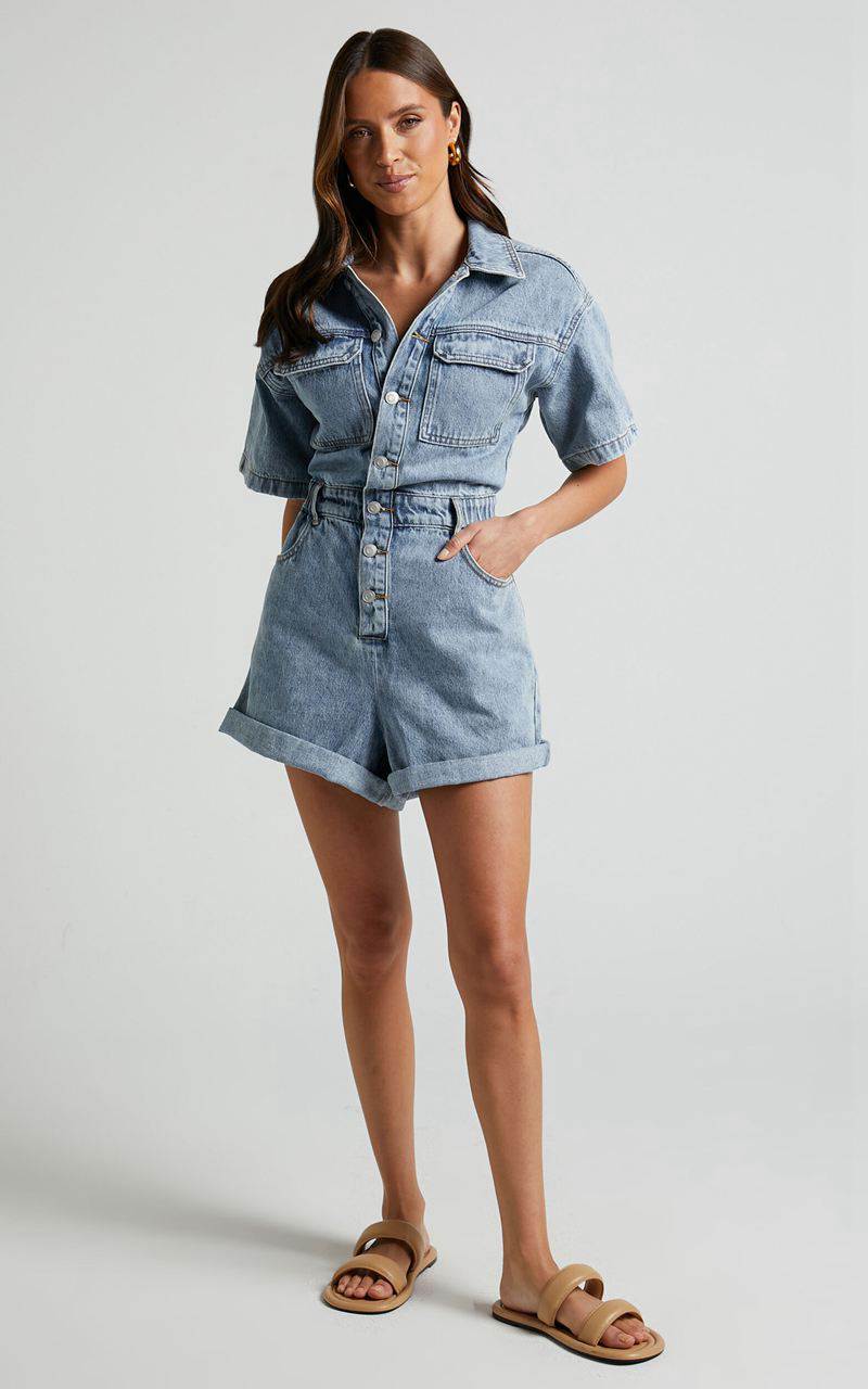 Showpo Leo Playsuit - Collared Short Sleeve Button Front Denim Playsuit Mid Blue Acid Wash | KZJQMB970