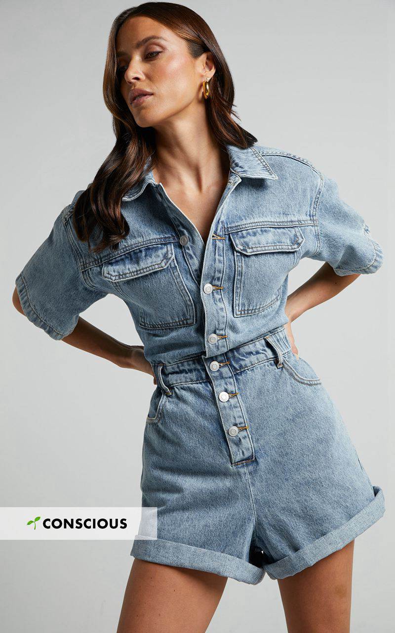 Showpo Leo Playsuit - Collared Short Sleeve Button Front Denim Playsuit Mid Blue Acid Wash | KZJQMB970