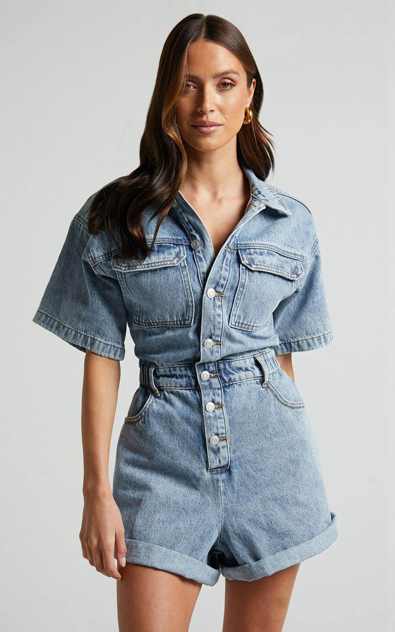 Showpo Leo Playsuit - Collared Short Sleeve Button Front Denim Playsuit Mid Blue Acid Wash | KZJQMB970