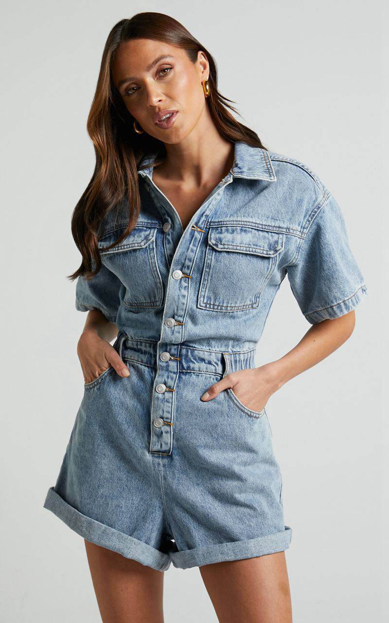 Showpo Leo Playsuit - Collared Short Sleeve Button Front Denim Playsuit Mid Blue Acid Wash | KZJQMB970