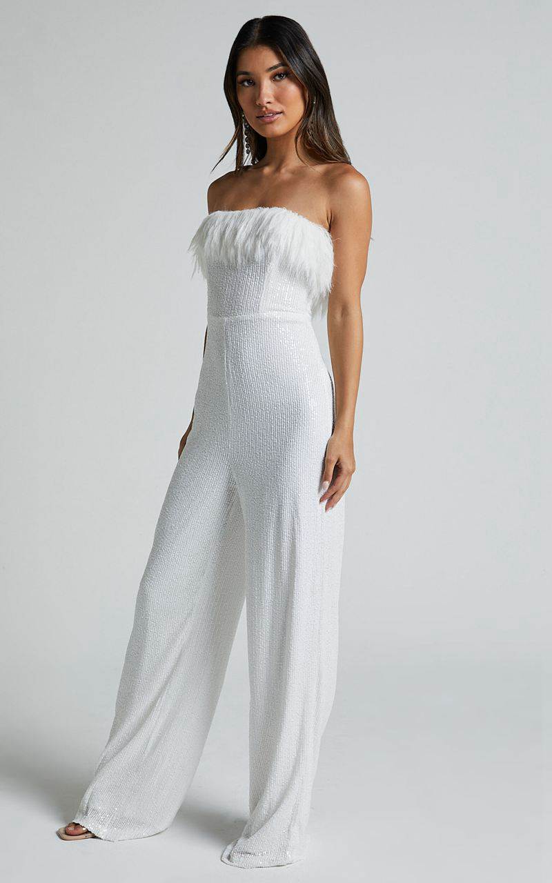 Showpo Leonora Jumpsuit - Strapless Straight Leg Jumpsuit White | HXBLWS079