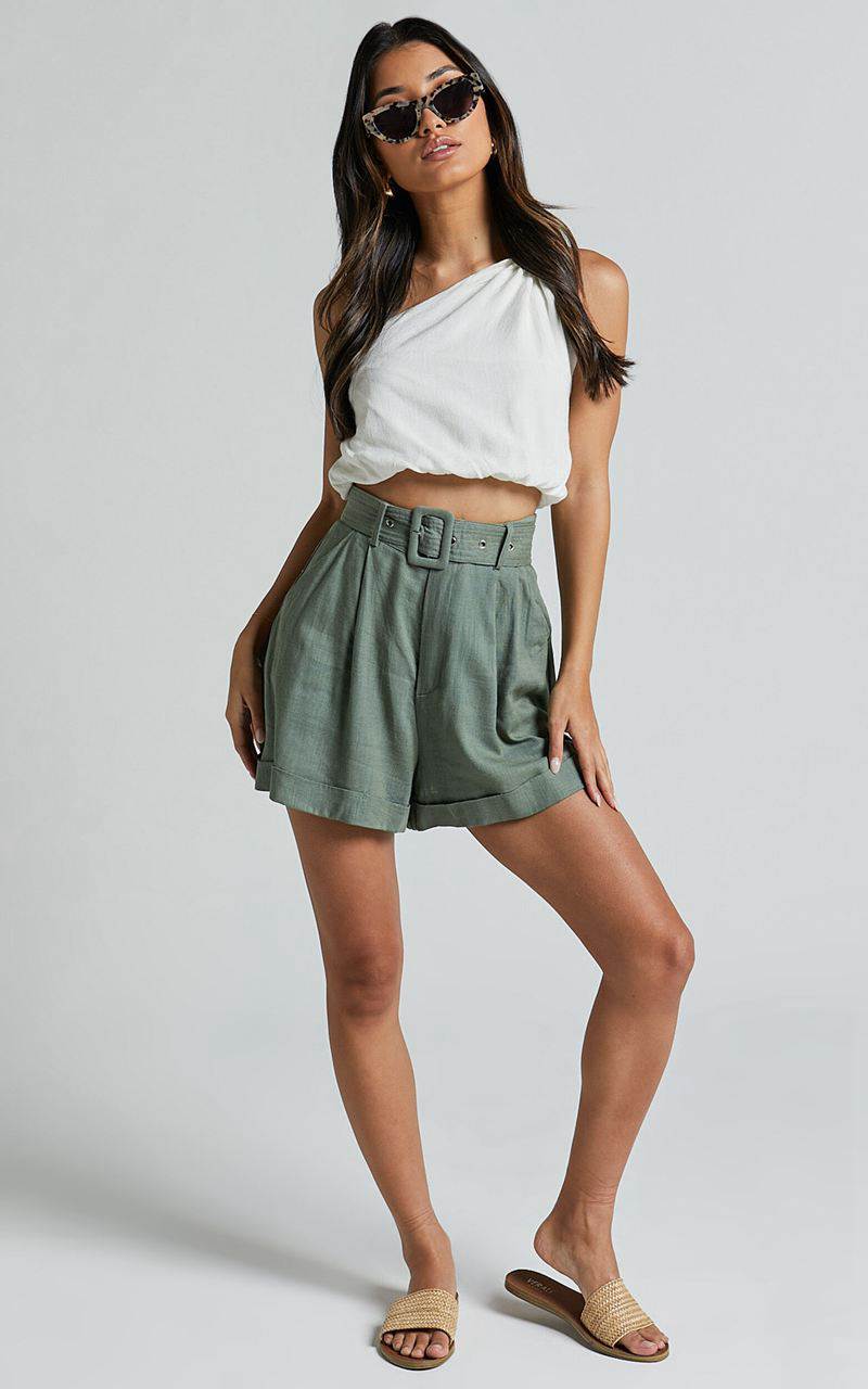 Showpo Lerose Pleated Shorts - Linen Look Belted High Waisted Shorts Sage | YSXCKV291